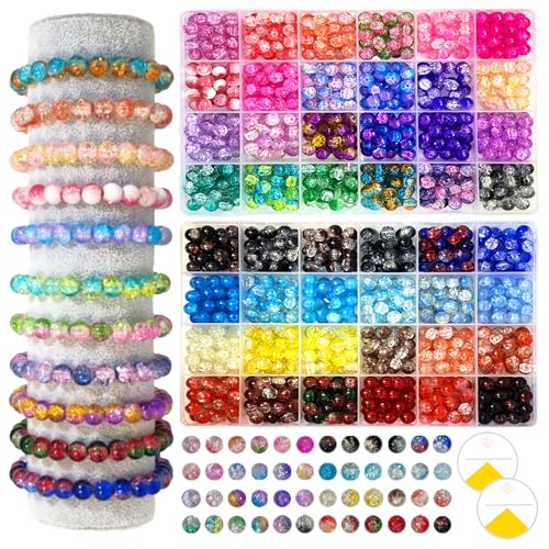 1200PCS 8mm Glass Beads Bracelet Making Kit, 48 Colors Crystal Beads for Jewelry Making, 2 Box Cataclastic Lineation Beads Suitable for Beginners
