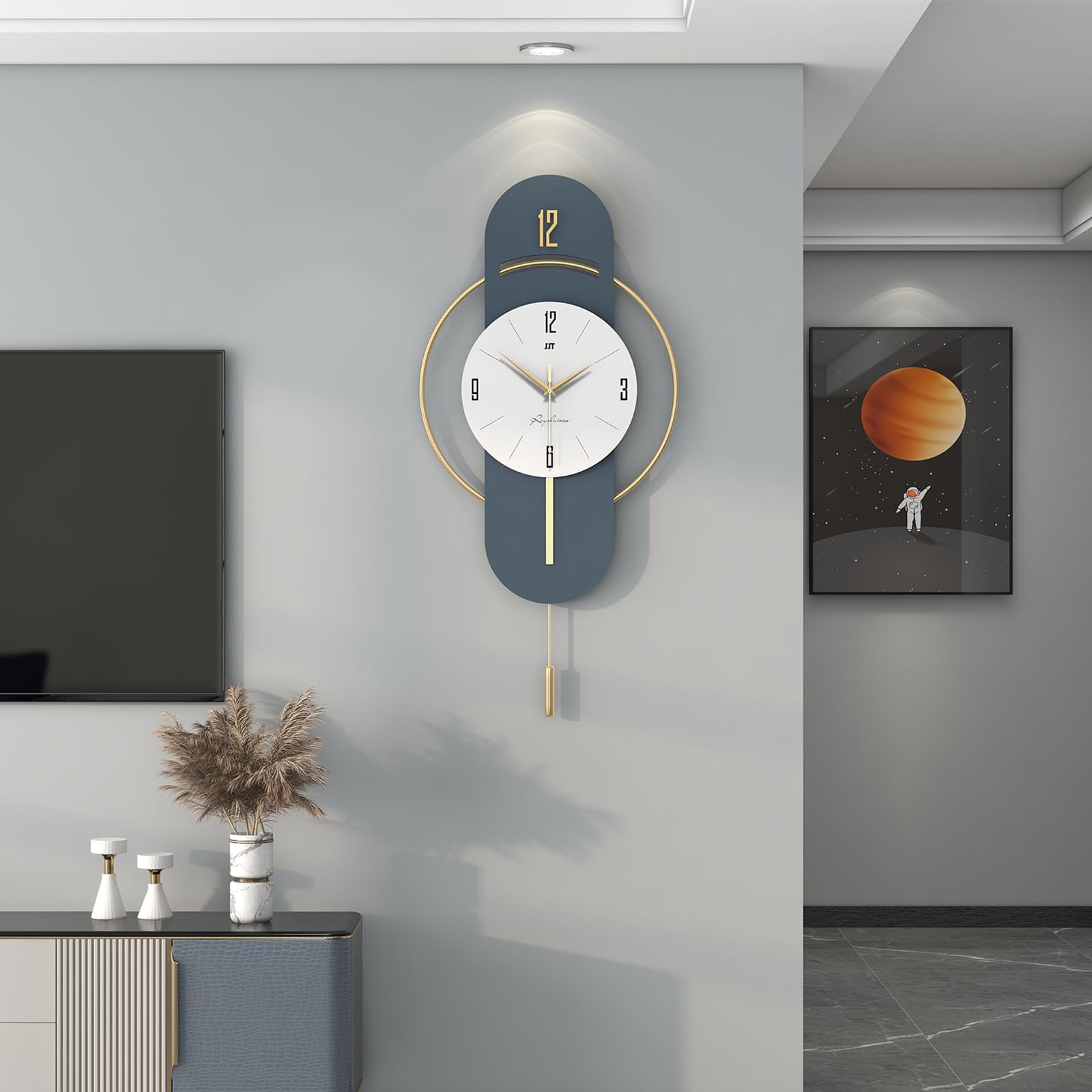 Large Wall Clocks for Living Room Decor Modern Big Decorative Wall Clock Battery Operated Non-Ticking for Kitchen Bedroom Office Home 14 Inch Wood Pendulum Clock Wall Decor for Indoor House