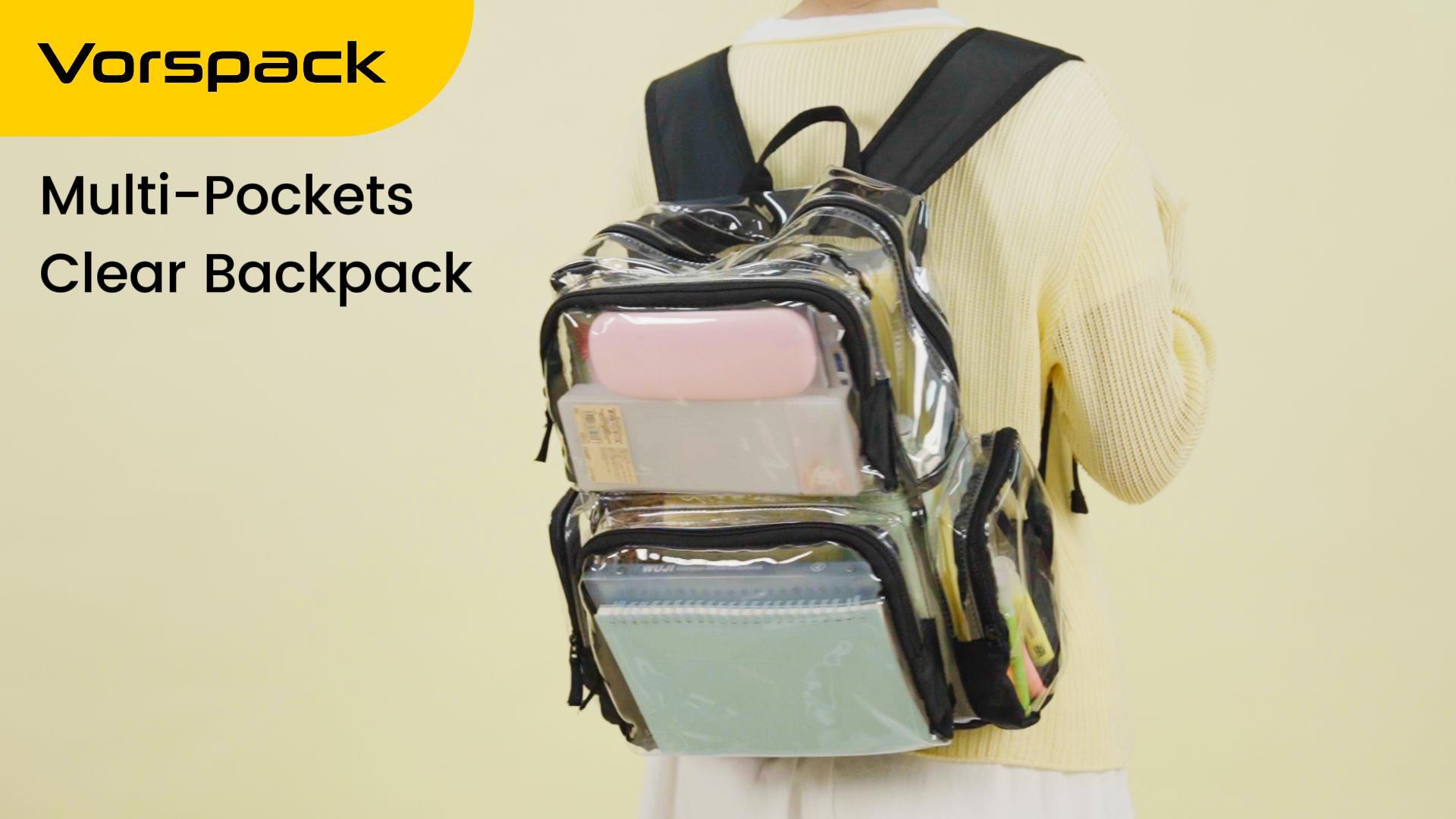 Vorspack Clear Backpack - Transparent Backpack with Reinforced Bottom & Multi-pockets for College Workplace Security - Black