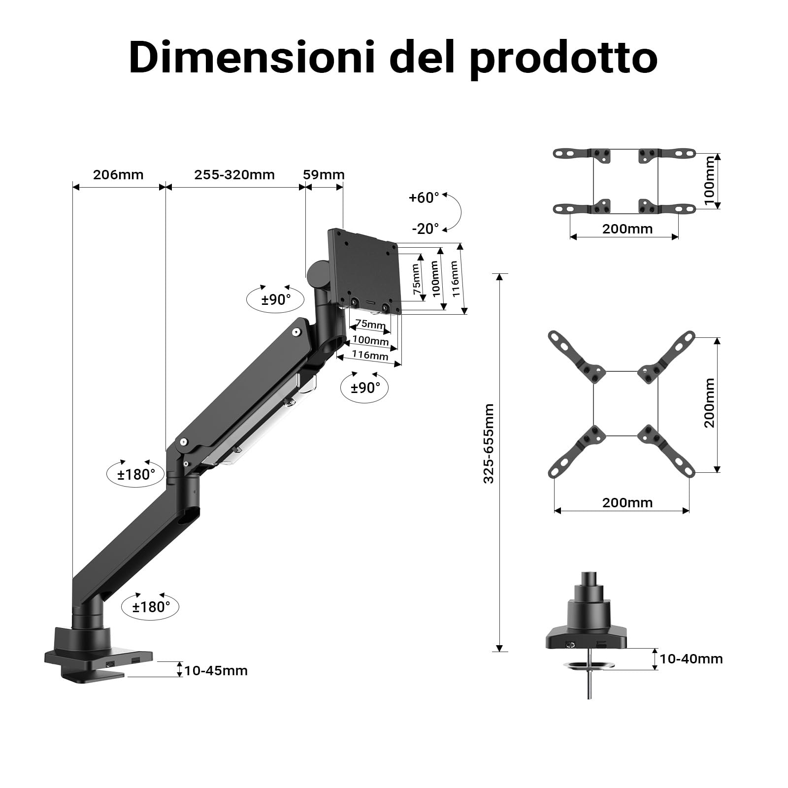 Wiltec Braccio monitor da scrivania Supporto per schermi da 17 a 57" conforme a VESA, con molla a gas