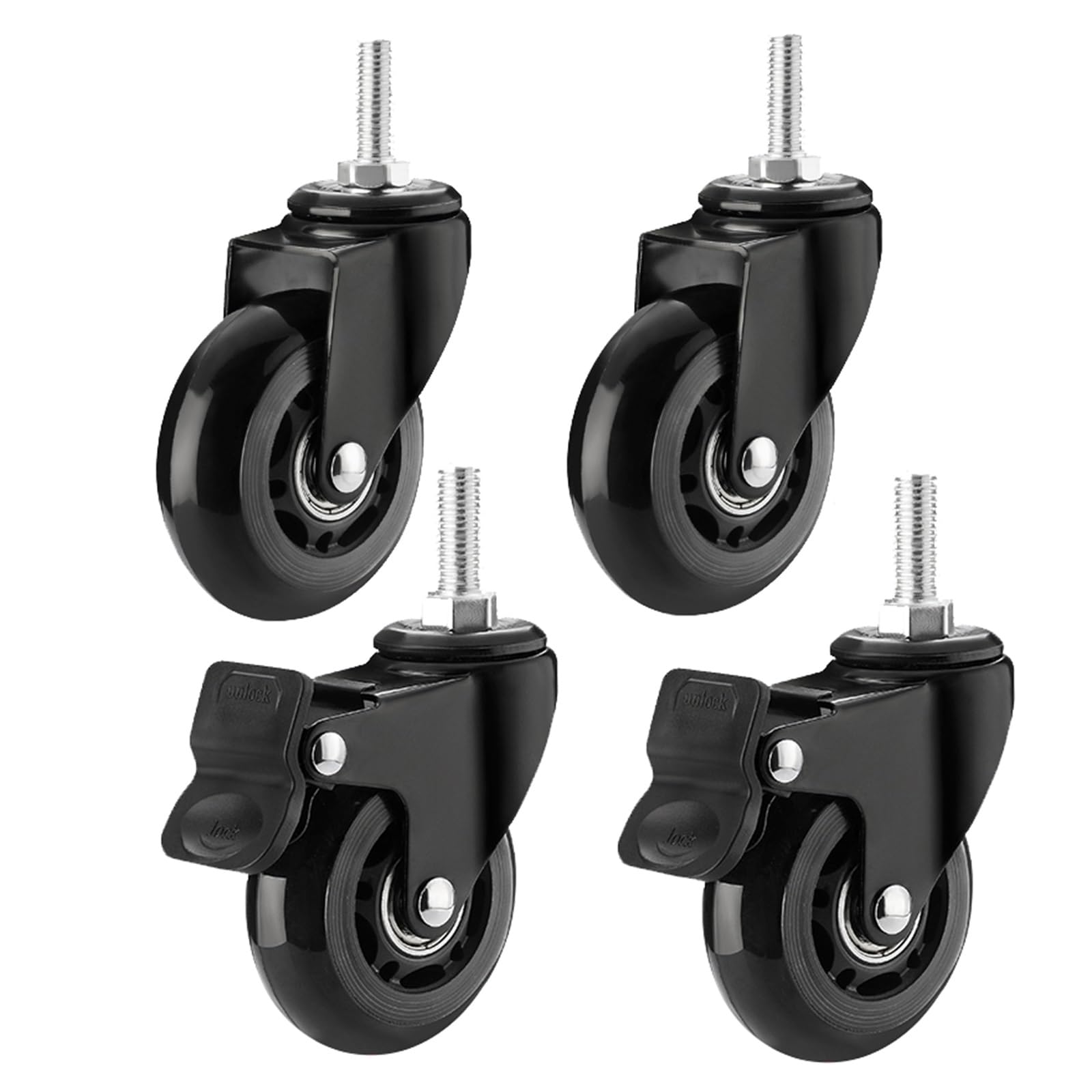 GBRJUYF Heavy Duty Swivel Casters Set of 4-2.5 Inch Rubber Wheels (M8x25mm & M10x25mm) for Carts & Furniture, 150KG Load Capacity, 2 Braked & 2 Swivel, Industrial Black Castors