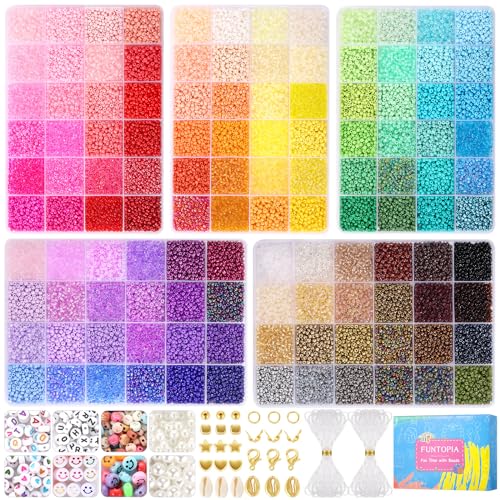 Funtopia 3mm 37000+Pcs Seed Beads for Jewellery Making 120 Colors Glass Seed Beads for Bracelet Making Friendship Bracelet Kit with Alphabet Letter Beads Smile Face Beads for DIY Art and Craft