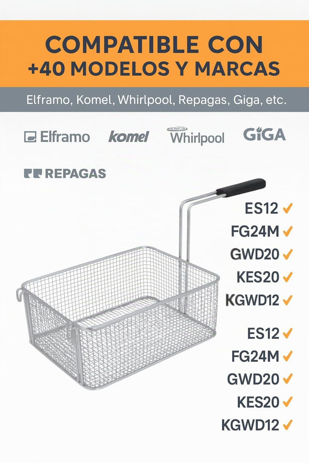 RO Linea Blanca ® Cesta Freidora 215x290x120 Mm Acero Cromado Repuesto Compatible Con Elframo Giga Komel Whirlpool Hostelería Profesional Para Freidoras Gas Electricas Universal Resistente