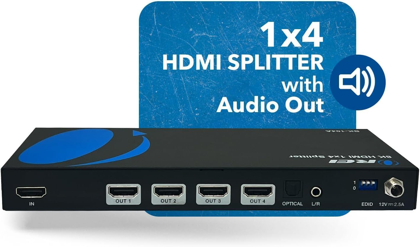 OREI Splitter HDMI 8K 1 in 4 Out, 1 x 4 Duplicate/Mirro Screen with Audio Extractor UltraHD Supports Up to 4K @ 120Hz IR EDID HDCP 2.3 for PS5, Xbox, NVIDIA (BK-104A)