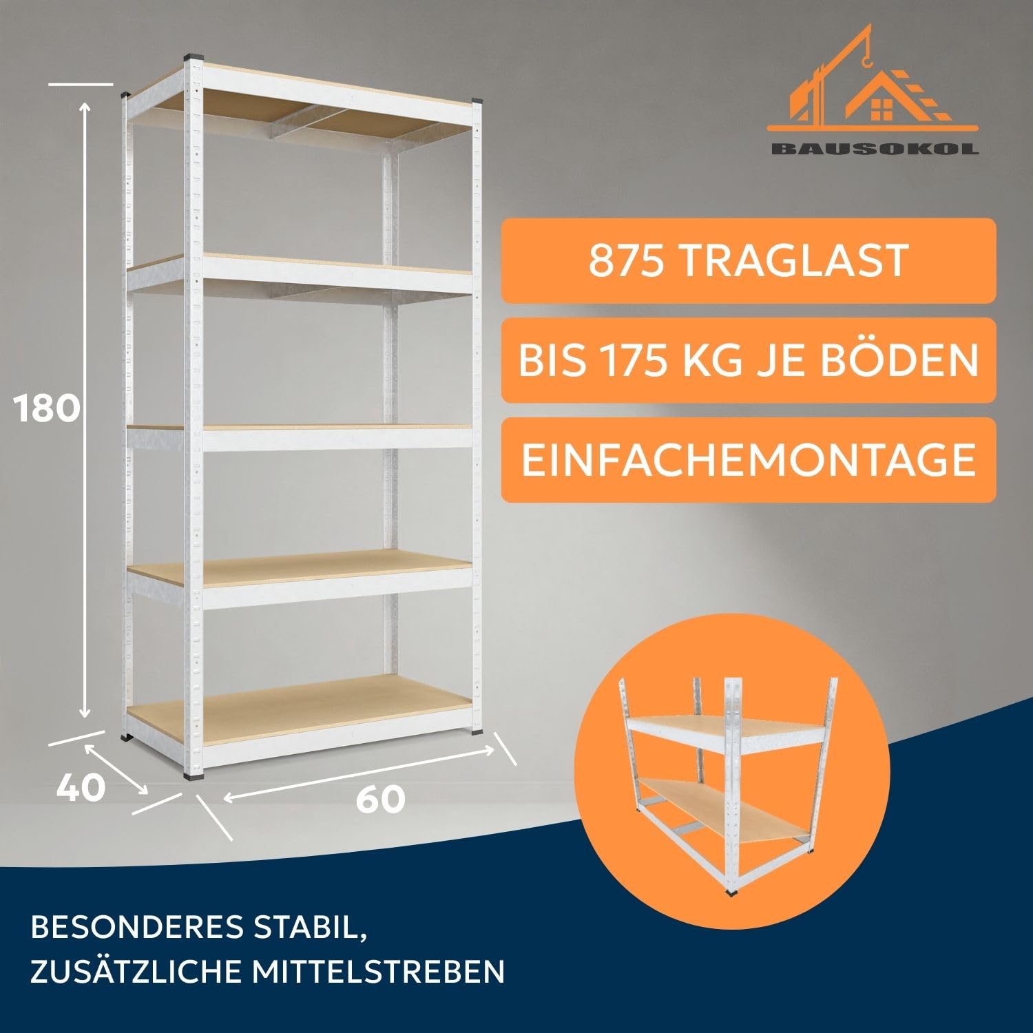 Metallregal 180x60x40 cm Verzinkt – 5 MDF Böden – Tragkraft 875kg – Lagerregal, Werkstattregal, Kellerregal, Schwerlastregal, Steckregal, Kleines Regal
