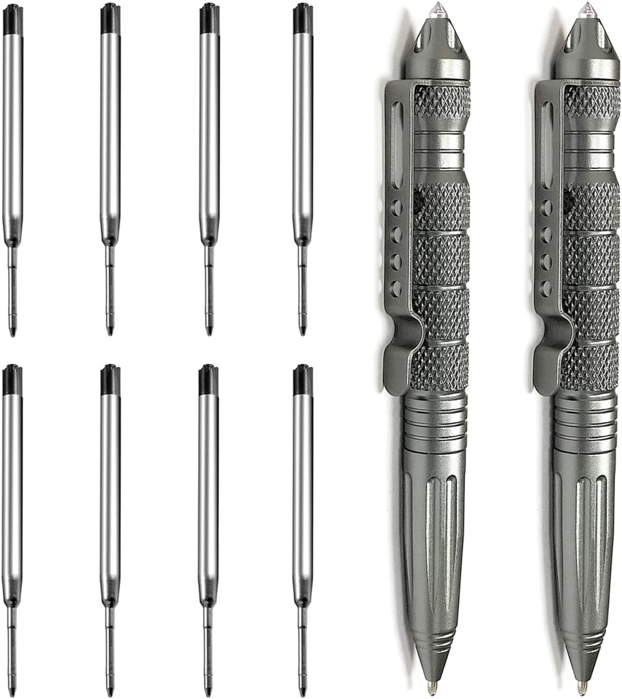 Origin-Pleasure 2 Pack Tungsten Metal Navy Tactical Pen Set, Multifunctional EDC Self Protection Pen With 8 Ballpoint Refills (Grey)