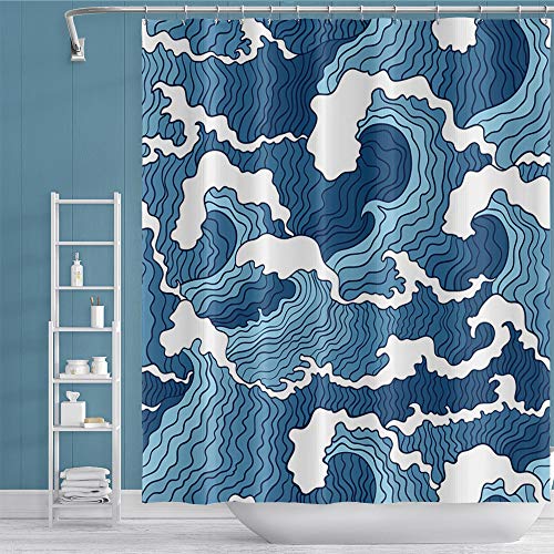 Oerju Japanese Shower Curtain Kanagawa Wave Nautical Comic Bath Curtain Blue Abstract Waterproof Polyester Fabric Bathroom Decor Set With Hooks 65X72Inch #TOP3
