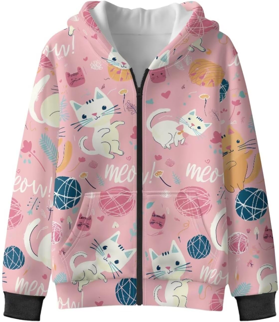 Girls Cat Hooded Sweatshirt Oversized Zip-Up Fleece Hoodie Winter Cardigan Hoodies Sweater for Kids