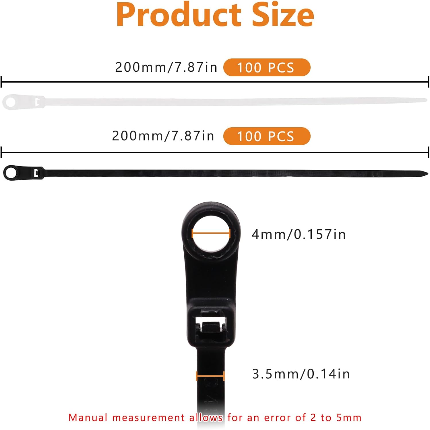 Zip Ties with Screw Hole, Plastic Self Locking Screw Mount Wire Ties for Indoor & Outdoor Black+White (8 Inch, 200Pcs)