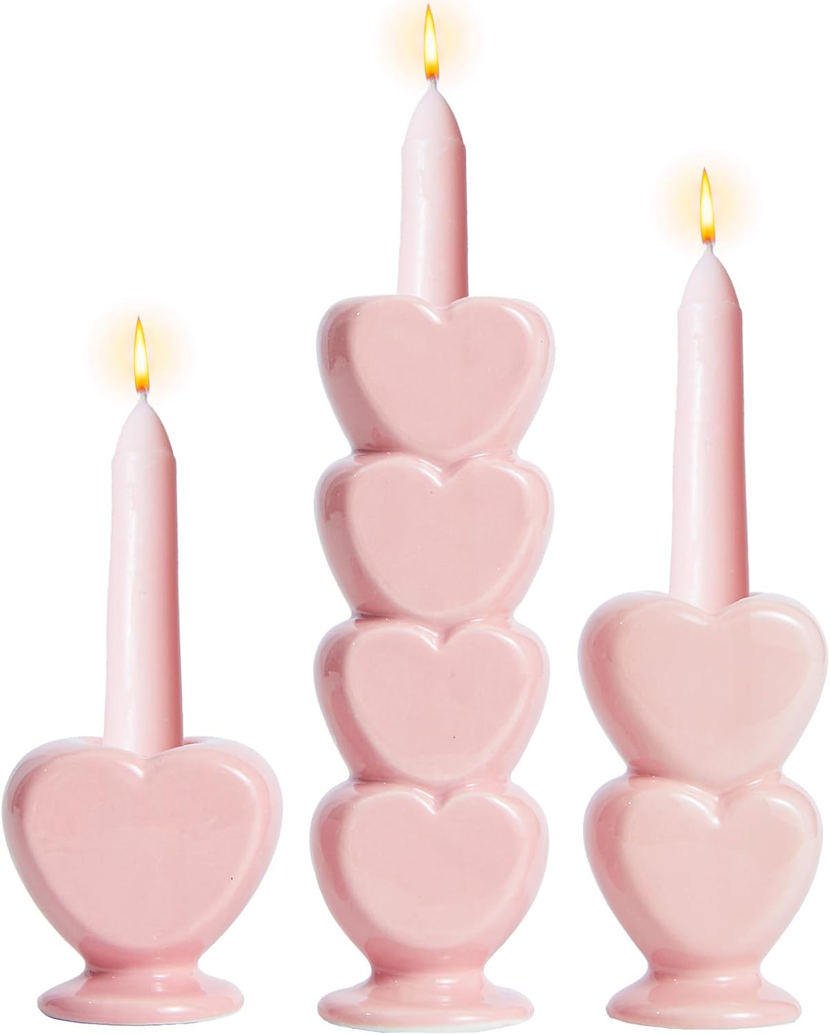 WDS WONDROUS Taper Candle Holder Set of 3 - Valentine's Day Candlestick Holders Wedding Decor, Pink Heart Ceramic Candle Sticks Holders for Table Farmhouse Decor Romantic Housewarming Gift