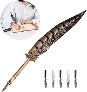 RUIXIA Vintage Feather Dip Pen Antique Calligraphy Pen Handmade Quill Feather Pen Set Writing Quill Ink Dip Pen with 5 Replacement Nibs for Christmas Birthday Wedding Anniversary Halloween