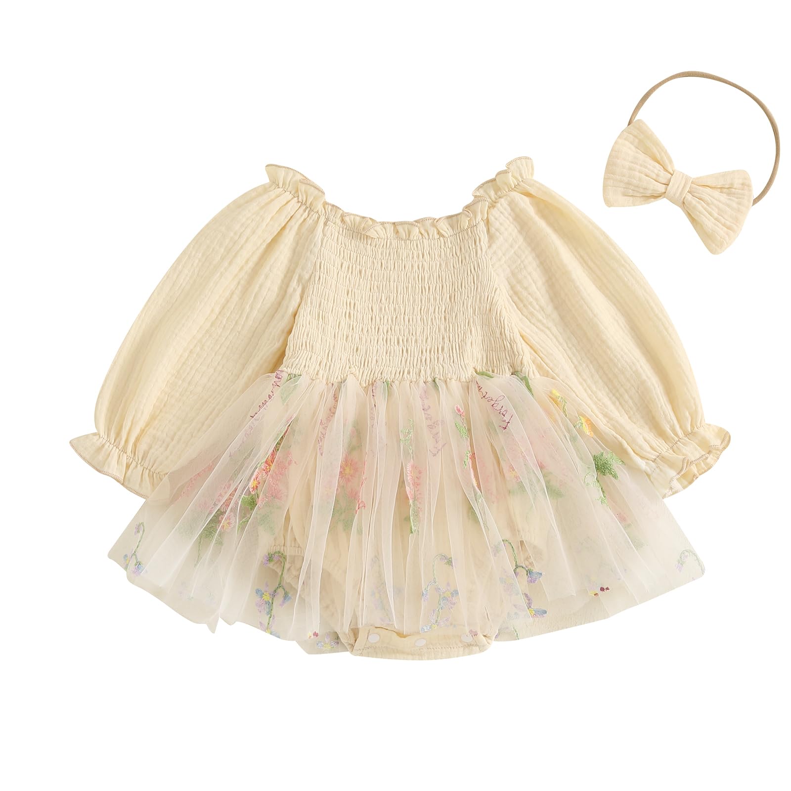 BULINGNA Infant Baby Girl Fall Romper Dress Puff Sleeve Cotton Linen Romper Patchwork Floral Tutu Skirt Outfit with Headband (Beige, 6-12 Months)