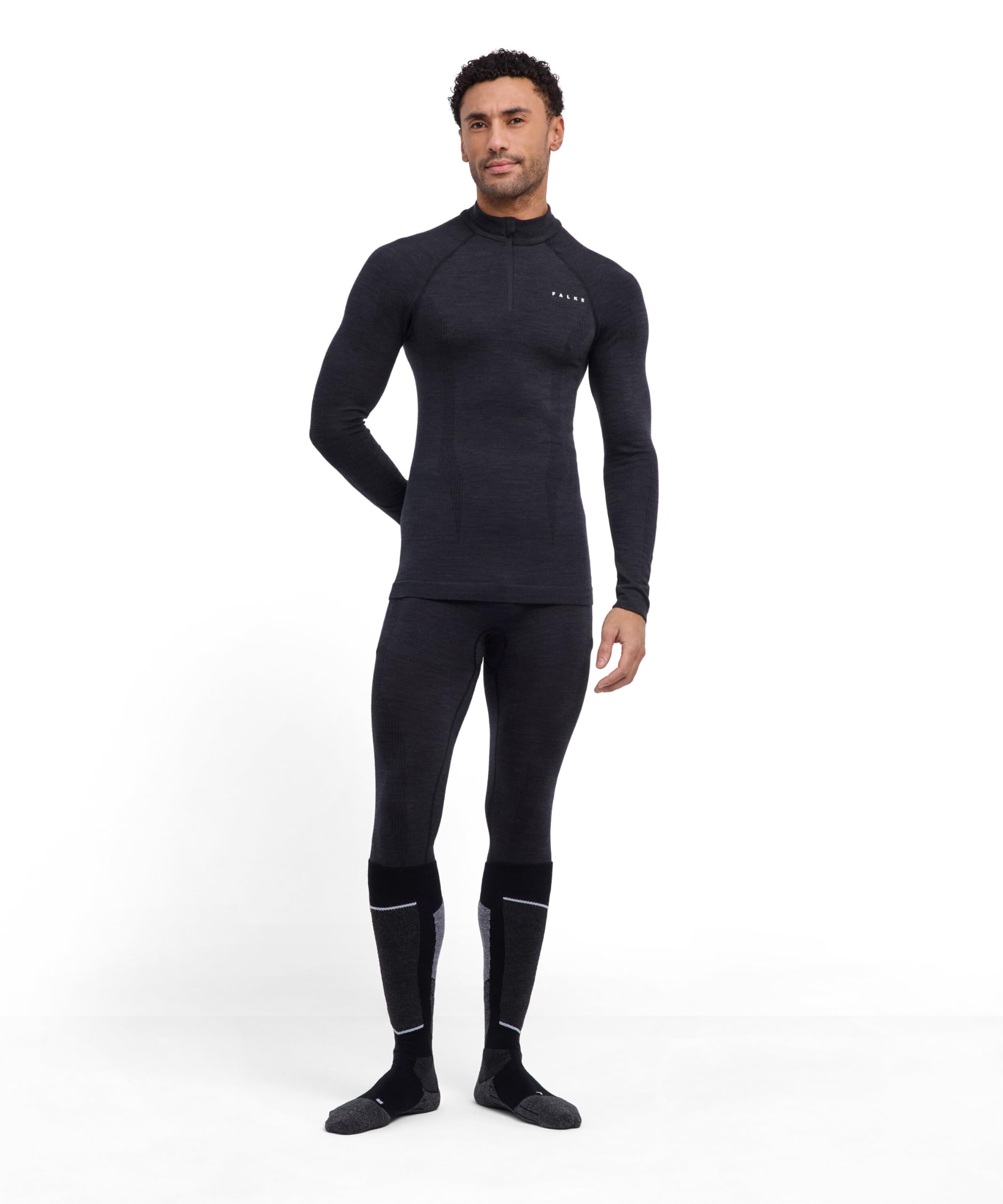 FALKE Wool-Tech High Zip Neck M L/s Sh laine fil fonctionnel séchage rapide 1 pièce, Couche de base supérieure Homme, Noir Black 3000, L