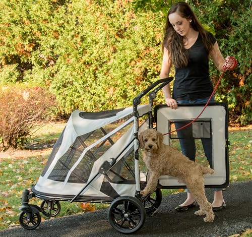 Pet Gear NO-Zip Pet Stroller with Dual Entry, Push Button Zipperless Entry for Single or Multiple Dogs/Cats, Pet Can Easily Walk in/Out, No Need to Lift Pet, Gel-Filled Tires, Platinum