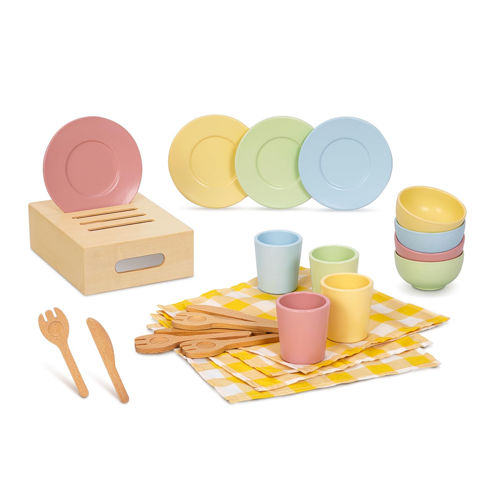 OOOK Wooden Play Dishes and Plates for Kids Kitchen Set 25 PCS Wooden Play Kitchen Accessories - Image 2