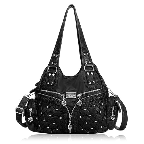 Angel Barcelo Purses and Handbags Women Tote Shoulder Top Handle Satchel Hobo Bags Fashion Washed PU Leather Purse - Stylish Black