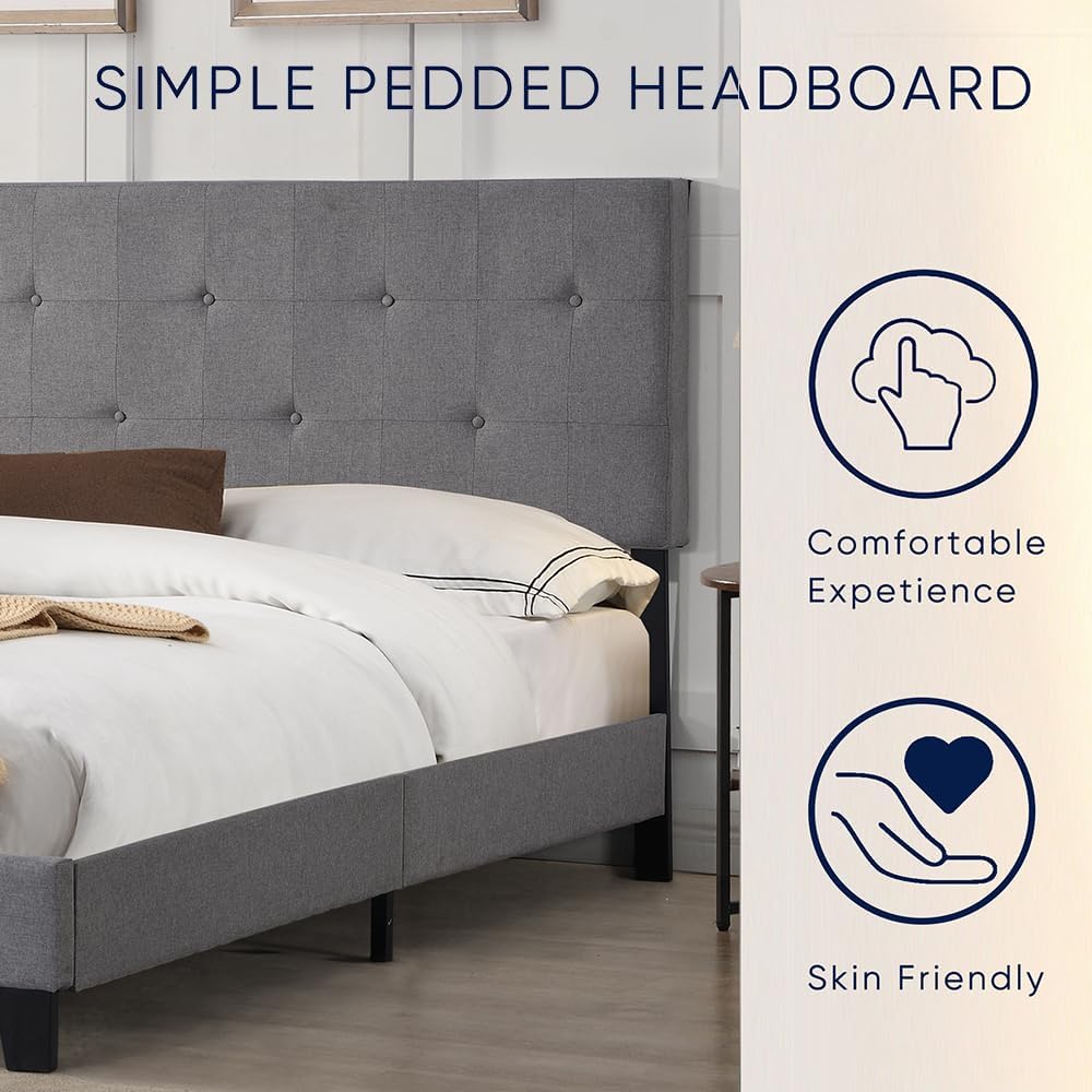 King Size Linen Upholstered Platform Bed with Height Headboard and Durable Wooden Slats, Metal Frame Tufted Platform Bed, No Box Spring Required and Easy to Assemble,(Gray)