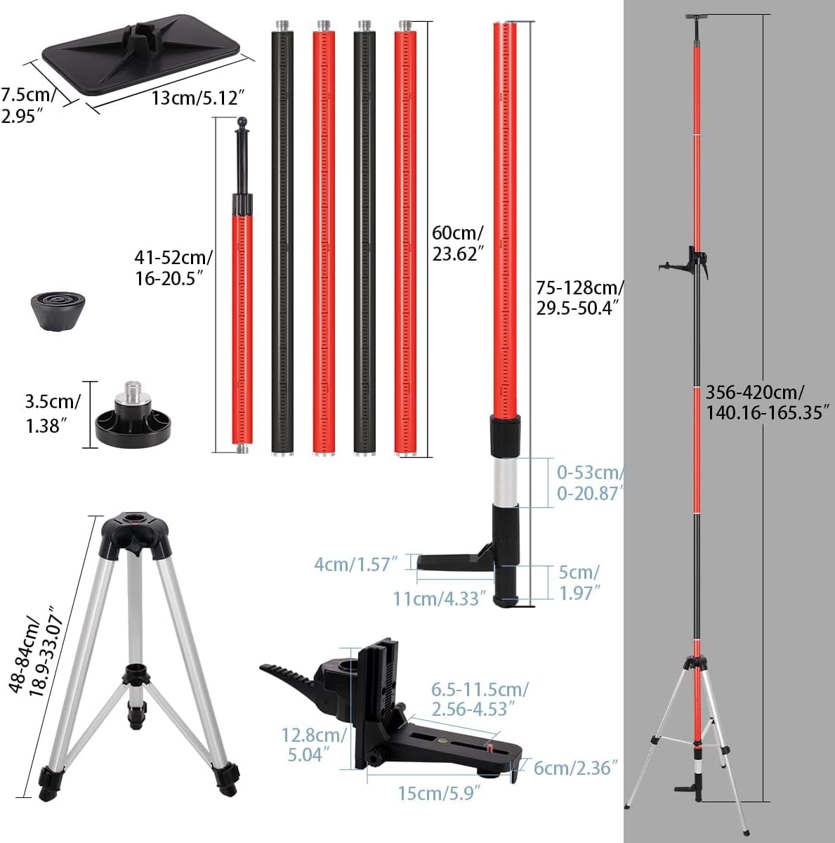 Barra di livellamento laser telescopica con treppiede estensibile fino a 4,2 m con supporto laser da 1/4" x 20", con dado adattatore 5/8"-11, rosso