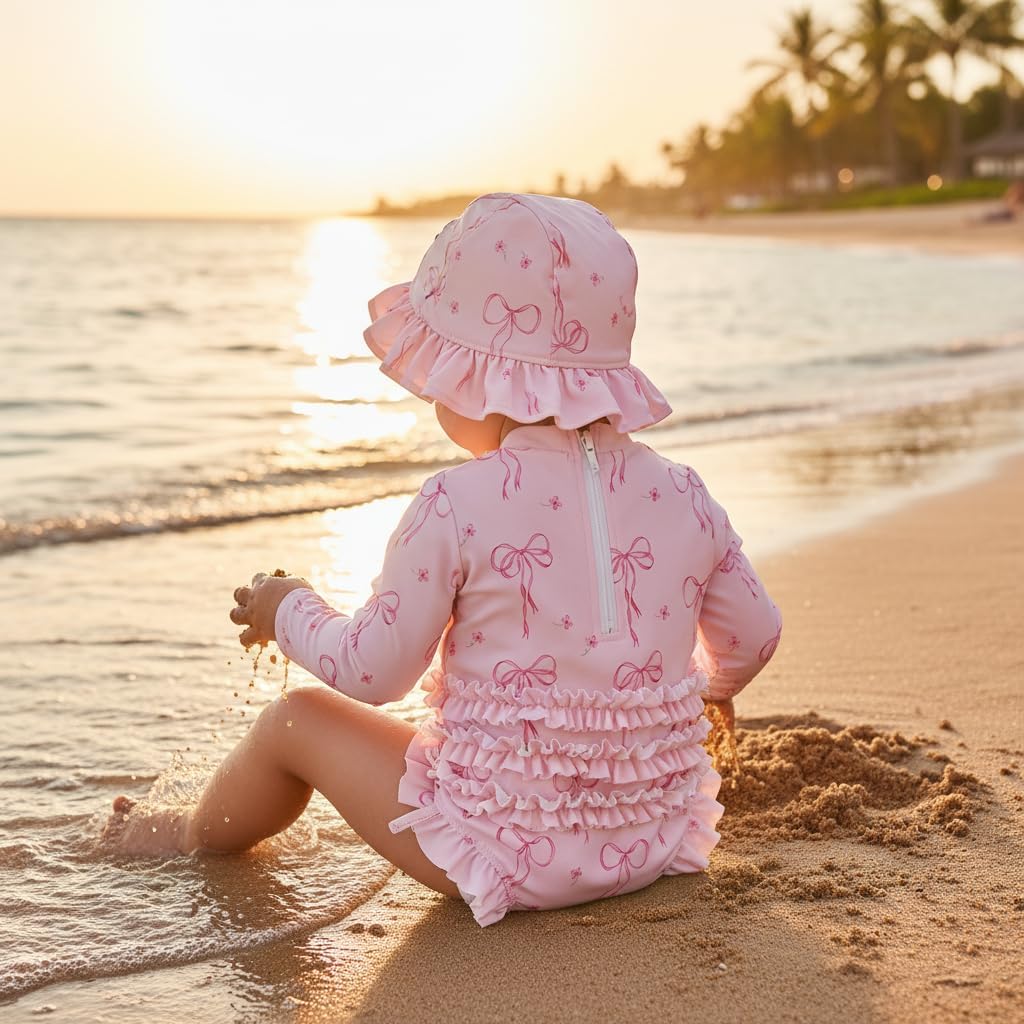 Toddler Baby Girl One Piece Swimsuit with Sun Hat Rash Guard Zipper Ruffle Bathing Suit Infant Swimwear 2PCS