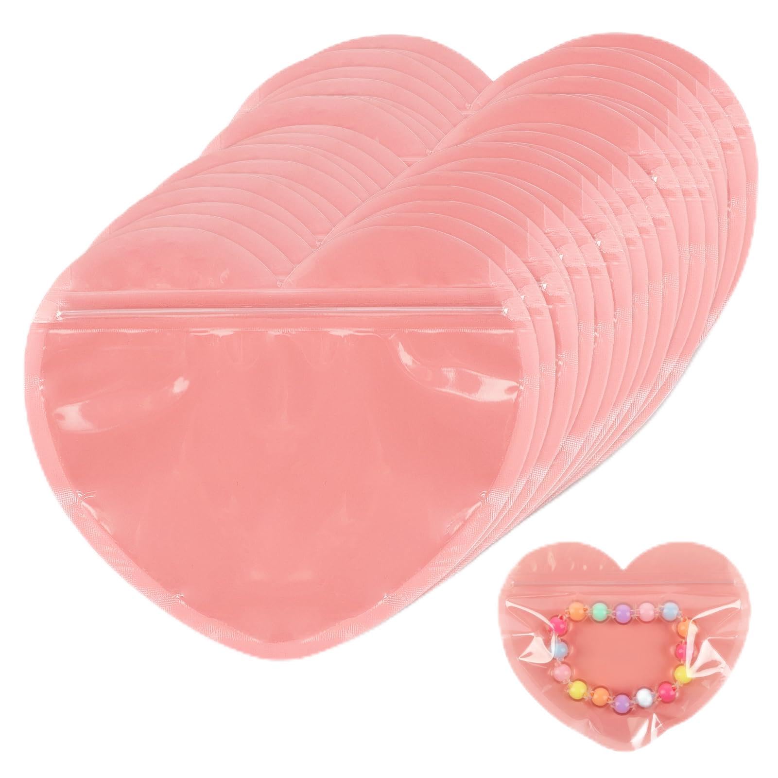 100pcs Small Bags for Small Business, 3.5x5 inch Heart-Shaped Jewelry Bags Clear Mylar Ziplock Baggies Cute Packaging Supplies for Bracelets Sample Pink Small