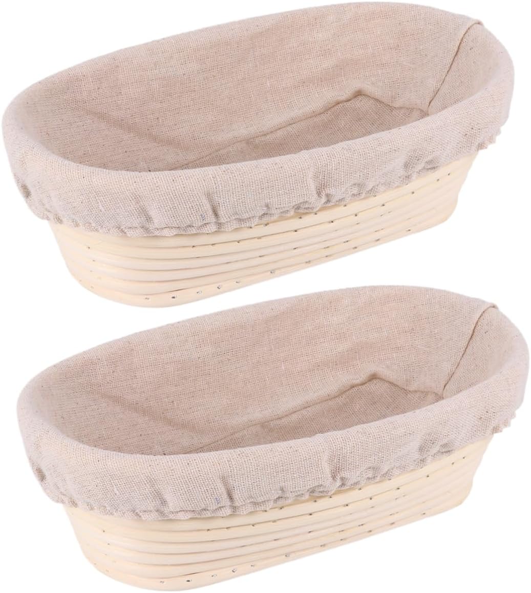 2 Sets Rattan Proofing Basket with Fabric Liner Oval Shape Sourdough Bread Basket for Artisan Baking Natural Material for Home Bakers