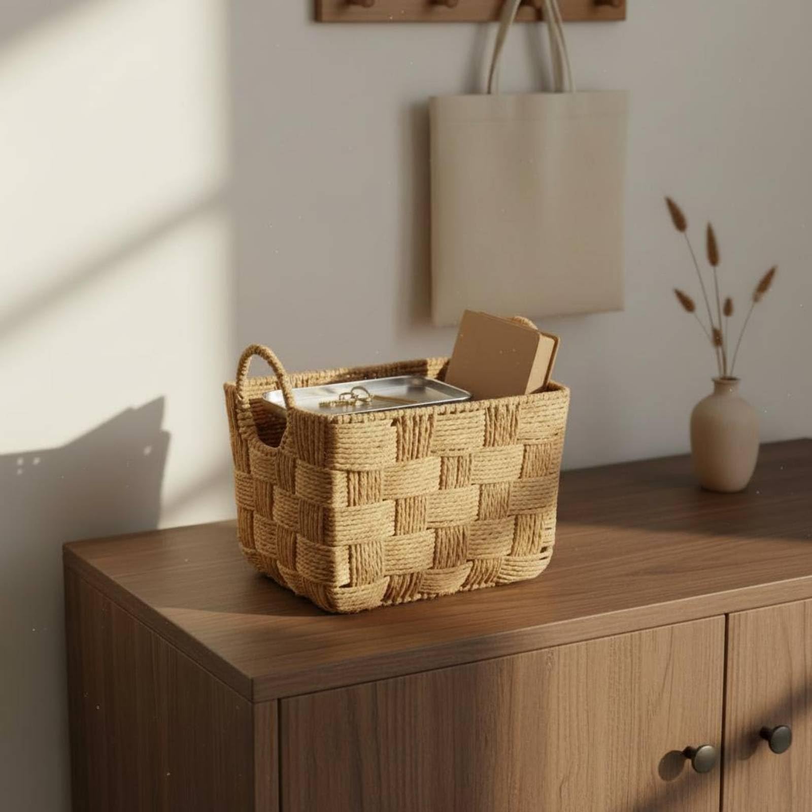Cesto Portaoggetti Intrecciato a Mano Elegante Stoccaggio Casa Leggero Arredo Domestico, Set Di Tre Pezzi