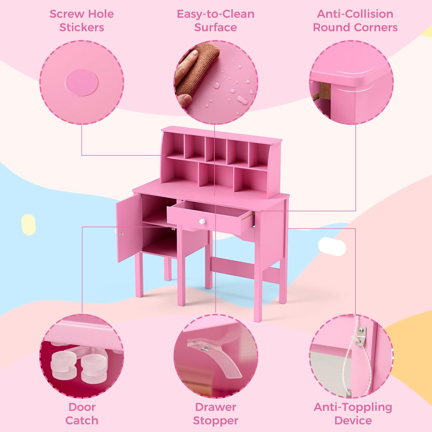 HONEY JOY Kids Desk and Chair Set, Wooden Children School Study Table and Chair w/Drawer, Hutch, Storage Shelves, Student Writing Desk Computer Workstation for Bedroom, 3+ Years Old (Pink)