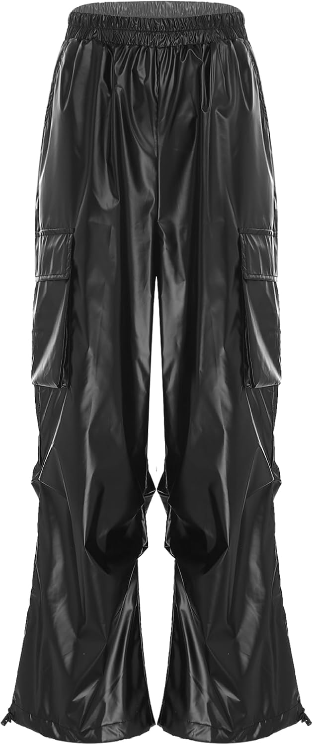 Cargo Pants for Women Metallic Shiny Wide Leg Casual Long Pants Hip Hop Jazz Dance Pant Clubwear