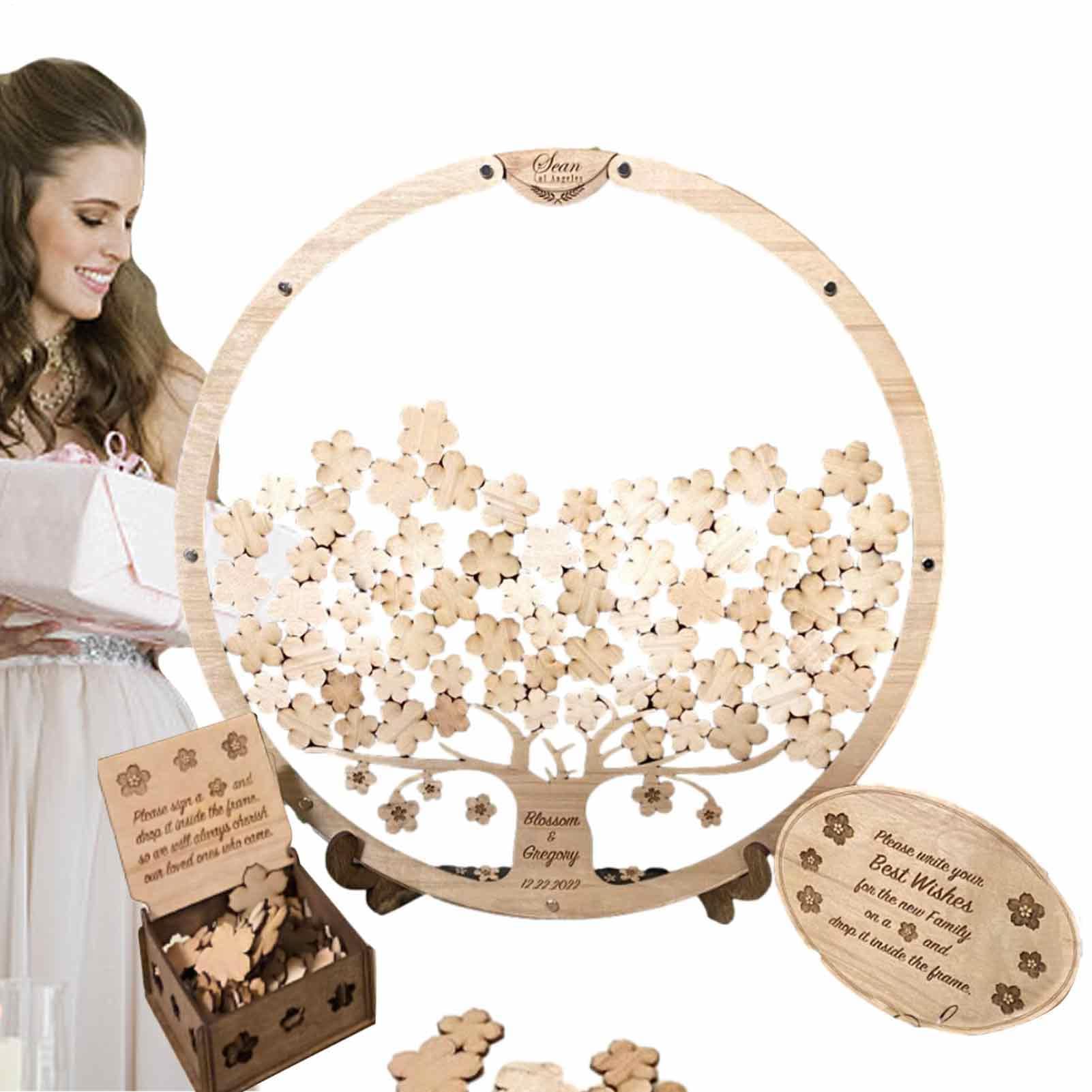 Alternative zum Gästebuch für Hochzeit - 1 Set Boxen | Holzanhänger mit rundem Rahmen und Blumen | Gästebuch, personalisierte Erinnerung,