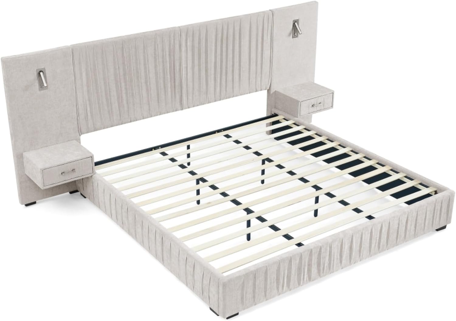 King Size Upholstered Platform Bed with Pleated Design Headboard, Chenille Fabric Platform Bed Frame with Bedside Table and Lamp, Kids Adults, Assembly Easy, Beige