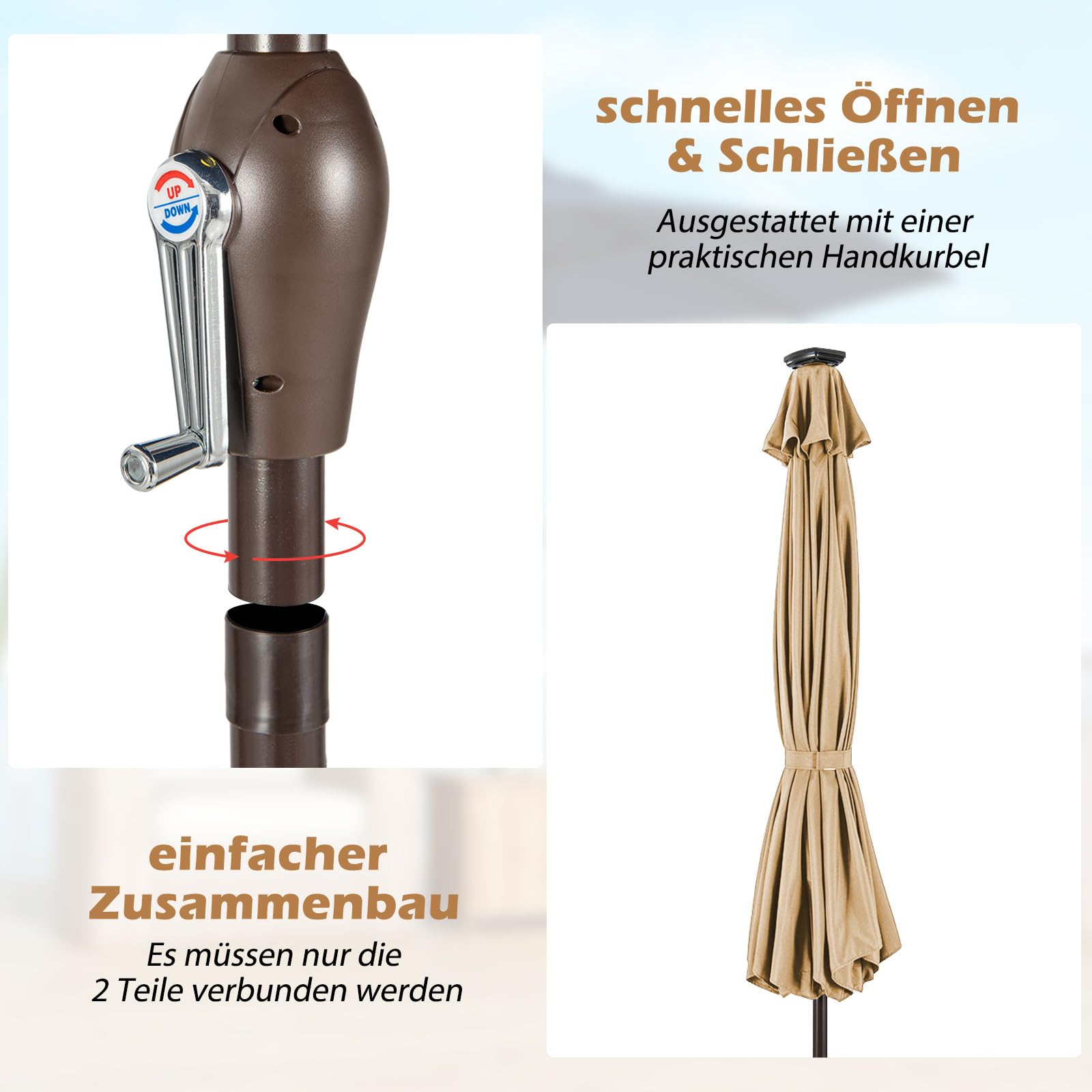 COSTWAY Sonnenschirm 300 cm mit LED-Solar-Beleuchtung, Gartenschirm mit Kurbel, beidseitig um 30° knickbar, Terrassenschirm mit 8 Rippen, Marktschirm für Garten, Balkon, Terrasse, Beige