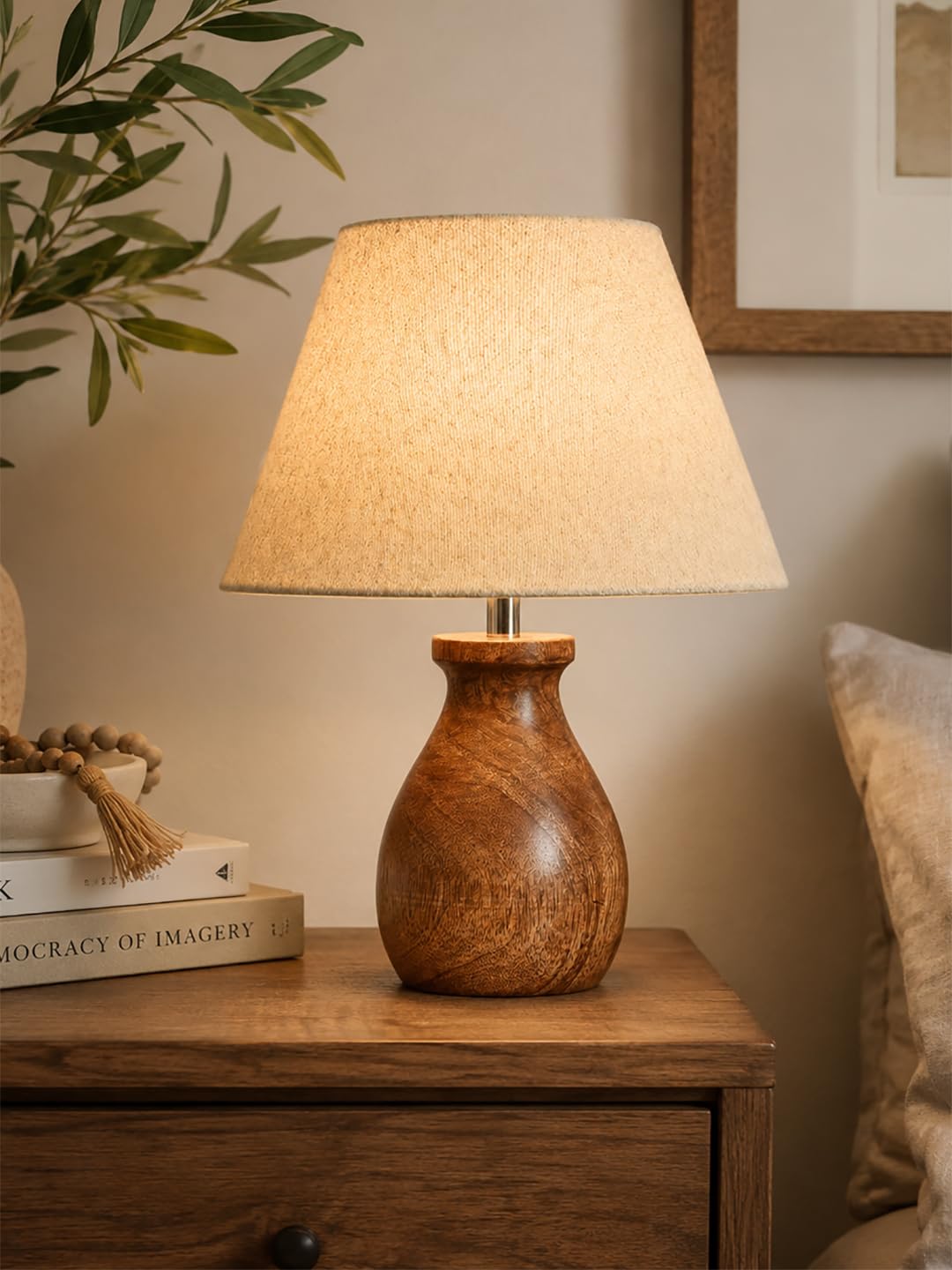 BloomCraft Solid Table Lamp with Fabric Shade & Wooden Base | E27 Bedside Lamp for Bedroom, Living Room & Study | Decorative Night Light for Home Décor (Bulb Not Included) (Jute)-image-38