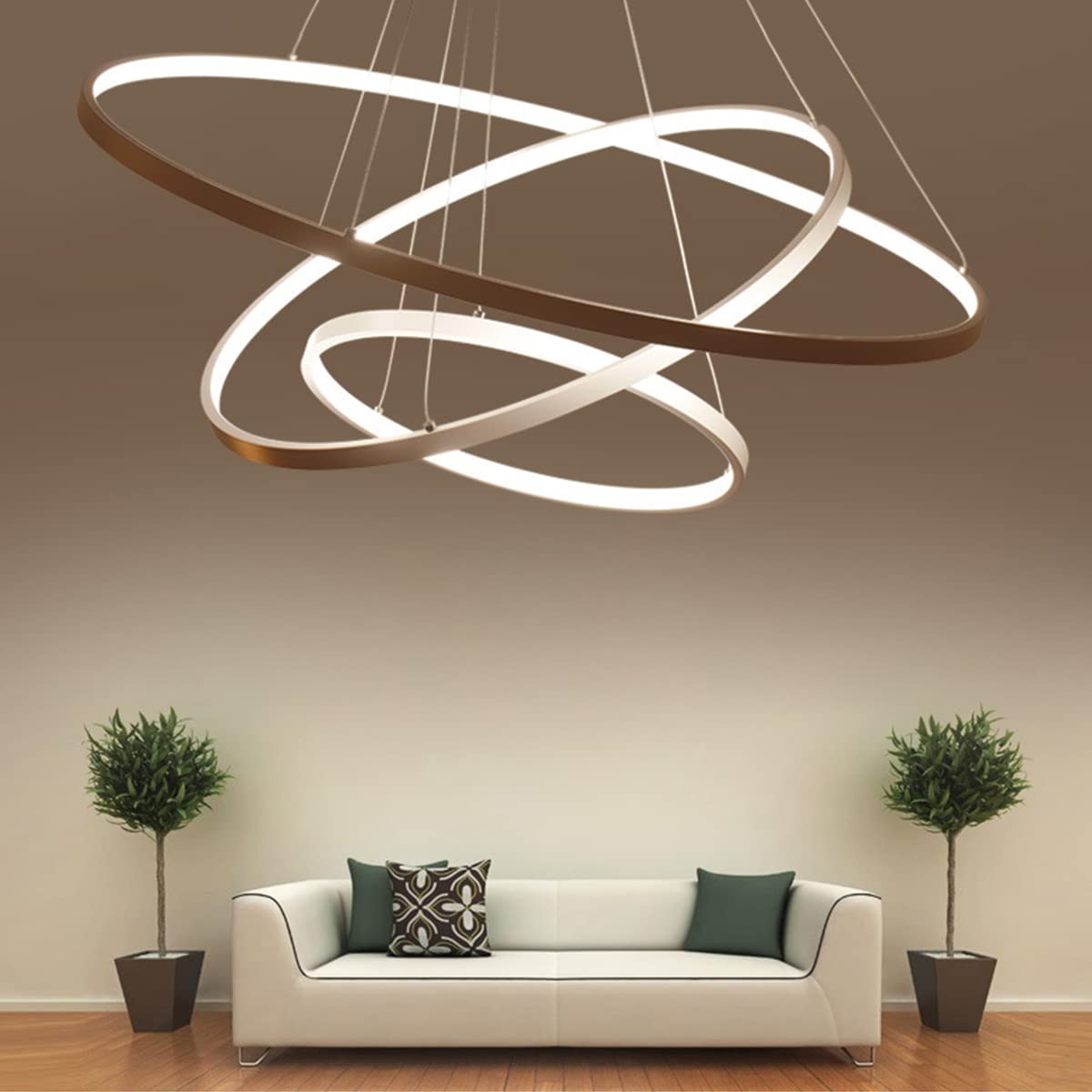 Okrągły żyrandol LED z trzema pierścieniami, nowoczesny design, lampa wisząca do stołu jadalnego lub salonu, możliwość ściemniania za pomocą pilota, oświetlenie dekoracyjne (kolor: Brązowy, Gwiazda S