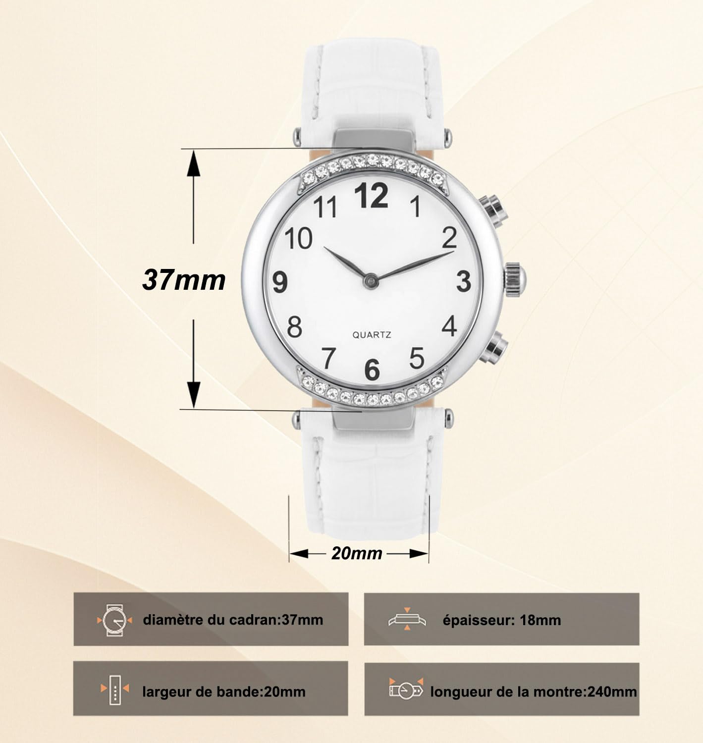 Reloj Parlante para Mujer con Voz Francesa Femenina, Hora y Fecha Parlantes Reloj de Cuarzo Correa de Cuero para Personas con Discapacidad Visual, Seniors, Blanco