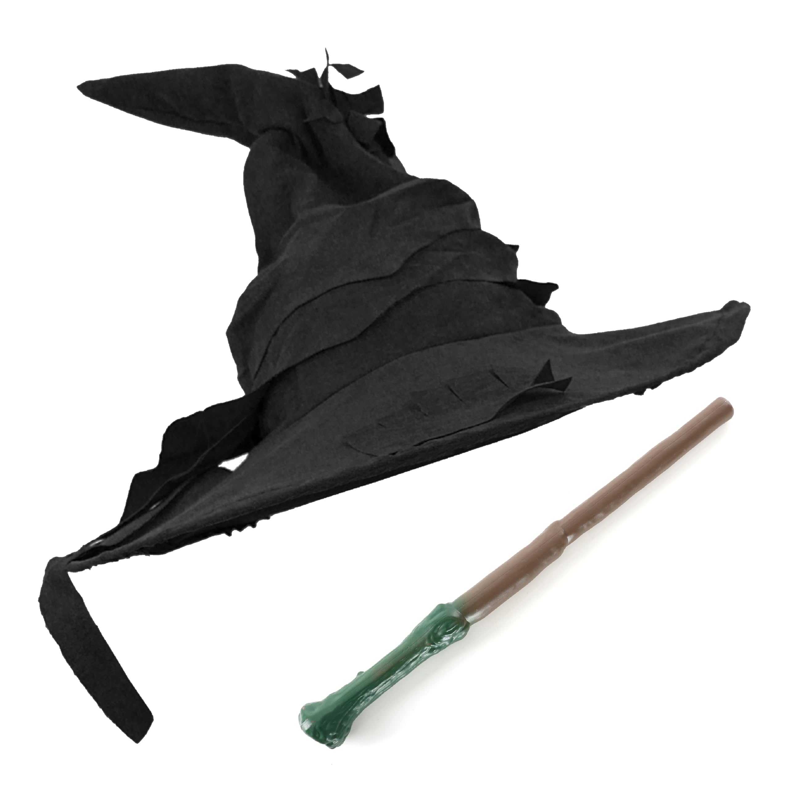 Black Wizard Hat With 13" Wand Fancy Dress Accessory - Black Witches' Hat Fantasy Prop With Plastic Wand Prop - Perfect for Witch, Wizard and Magical School Fancy Dress - One Size Fits Most