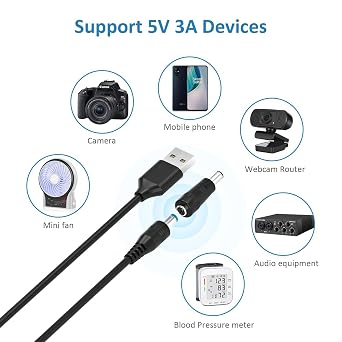 USB To DC 5V Charger 2.0 A Universal USB Power Cable Male to DC 5.5 x 2.5mm Adapter,DC Power Supply with 2.5x0.7mm,3.0x1.1mm,3.5x1.35mm,4.0x1.7mm,5.5x2.5mm Connectors