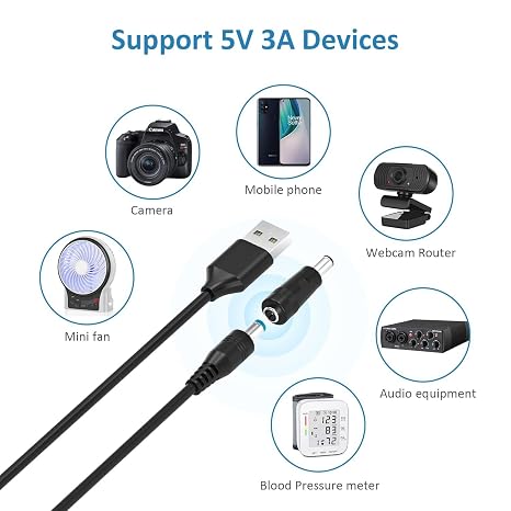 USB To DC 5V Charger 2.0 A Universal USB Power Cable Male to DC 5.5 x 2.5mm Adapter,DC Power Supply with 2.5x0.7mm,3.0x1.1mm,3.5x1.35mm,4.0x1.7mm,5.5x2.5mm Connectors