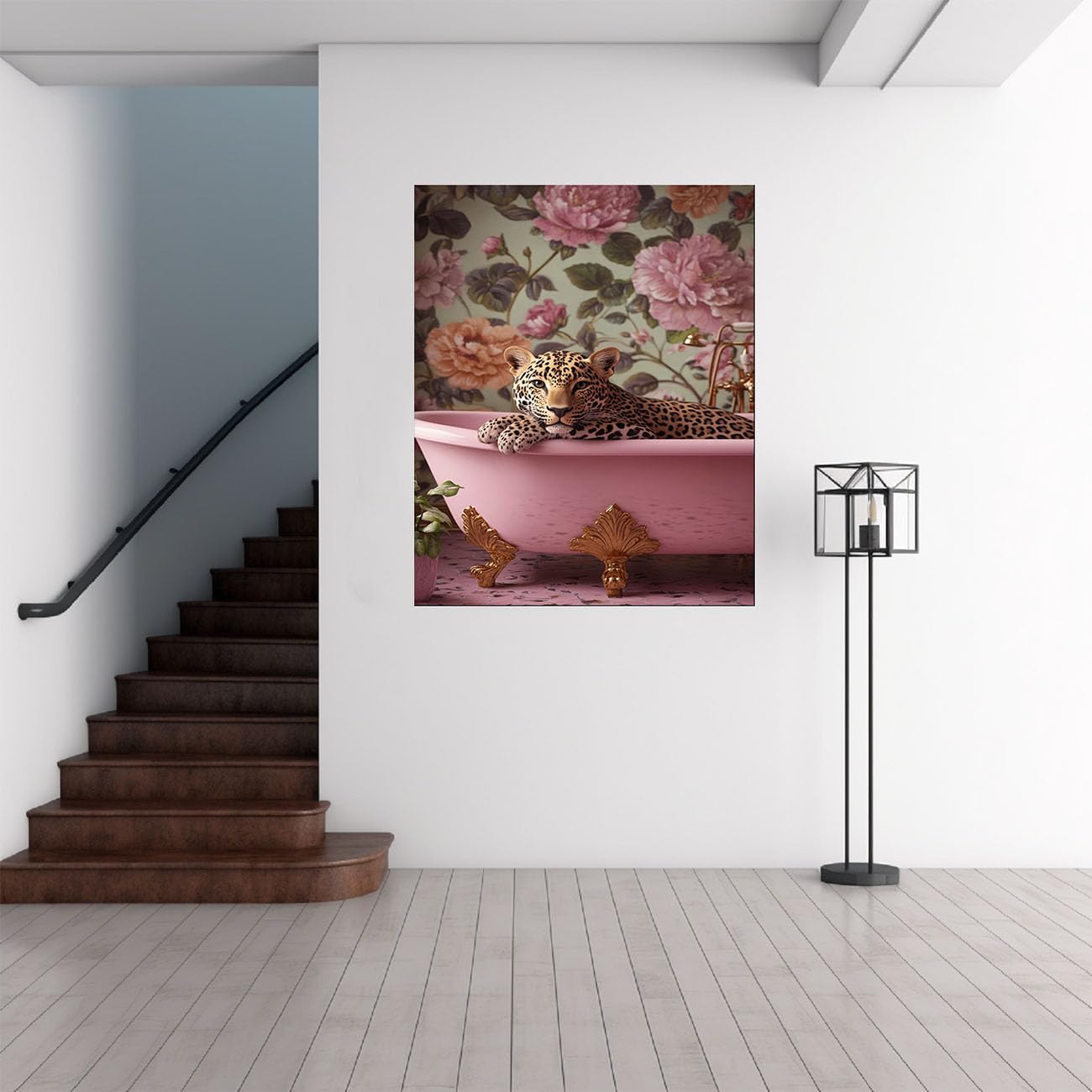 QUSAAOU Canvas Pictures Leopard w różowej wannie z tapetą kwiatową, plakat z motywami zwierzęcymi, nadaje się do dekoracji ścian w sypialni, kuchni, biurze i łazienkach, kolor różowy, 60 x 90 cm, w