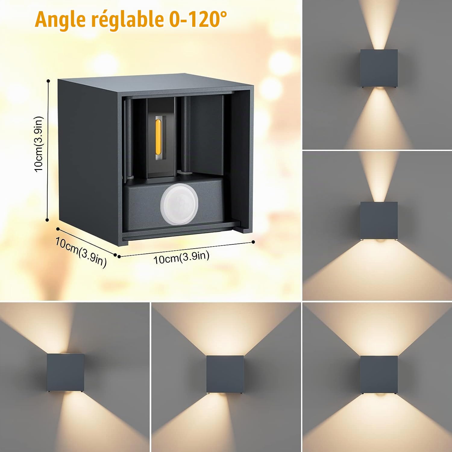 Klighten 12W Applique Murale Extérieur avec Détecteur de Mouvement,IP65 Éclairage Mural extérieur/intérieur avec Angle de Faisceau Réglable, Applique Murale Up Down,3000K, Anthracite