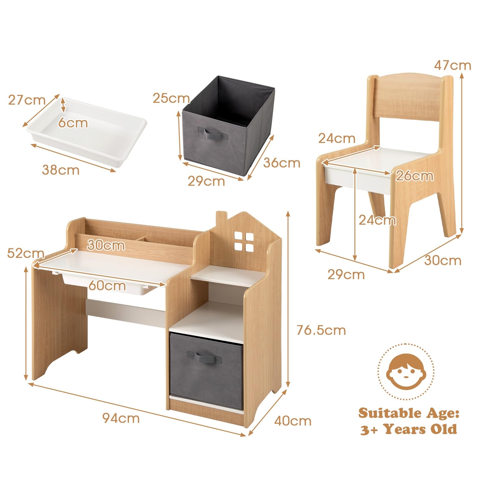 LIFEZEAL Kinderschreibtisch mit Stuhl Set, Kinderlerntisch mit Bücherregal & Schublade, Schreibtisch-Set für Schüler, Tisch und Stühle für Kinderzimmer (Natur)