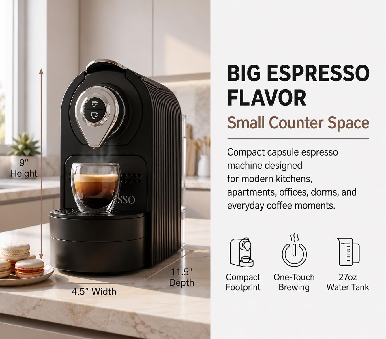 Mixpresso Cafetera espresso negra – Cafetera compacta de 1400 W, compatible con cápsulas Nespresso OriginalLine, operación de un solo toque, bomba italiana de 19 barras, tanque de agua de 26 onzas
