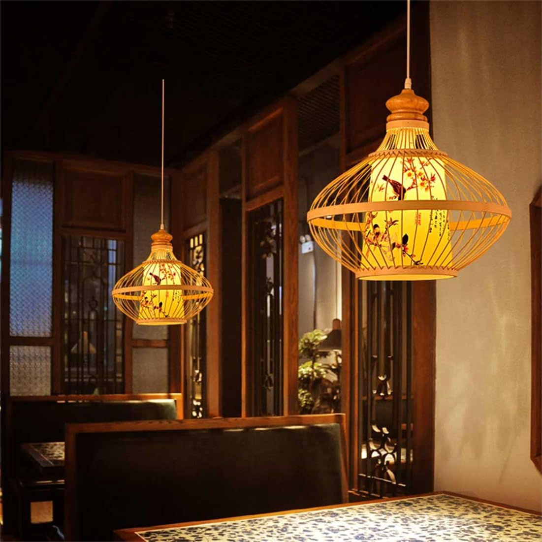 Luces colgantes de restaurante chino, pantalla grande de bambú, estilo bohemio, tejida a mano, de mimbre sintético, pergamino, casquillo E26, para comedor, sala de té, cafetería y dormitorio principal