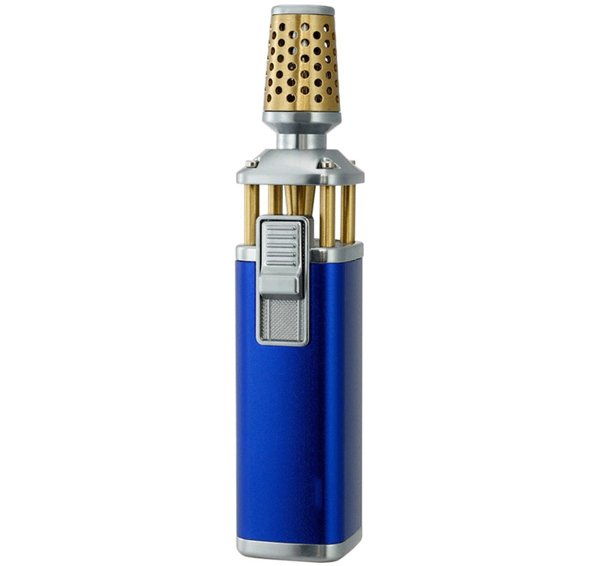 Encendedor de butano resistente al viento, 360 grados utilizable, recargable con bloqueo de fuego, ideal para aventuras de camping
