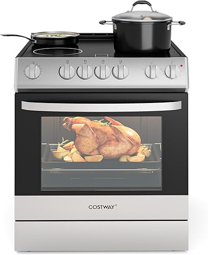 COSTWAY Cocina eléctrica independiente de 30 pulgadas con 4 quemadores de cerámica, capacidad de 5.1 pies cúbicos, horno de convección de acero