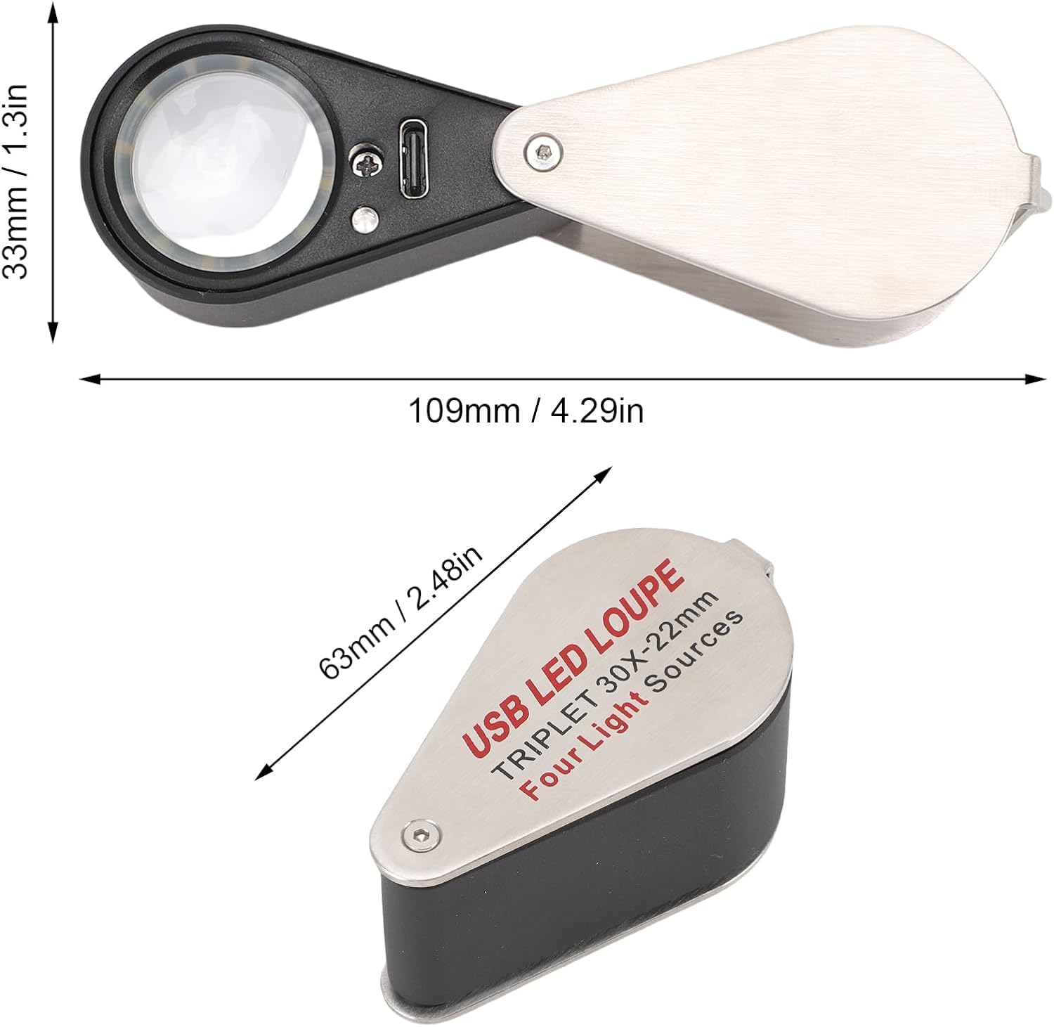 Lupa de 30X Jewelers recargable por USB con luces UV y LED, cuatro tipos de luz, lupa plegable de bolsillo iluminada para joyas de piedras preciosas, monedas, sellos, relojes