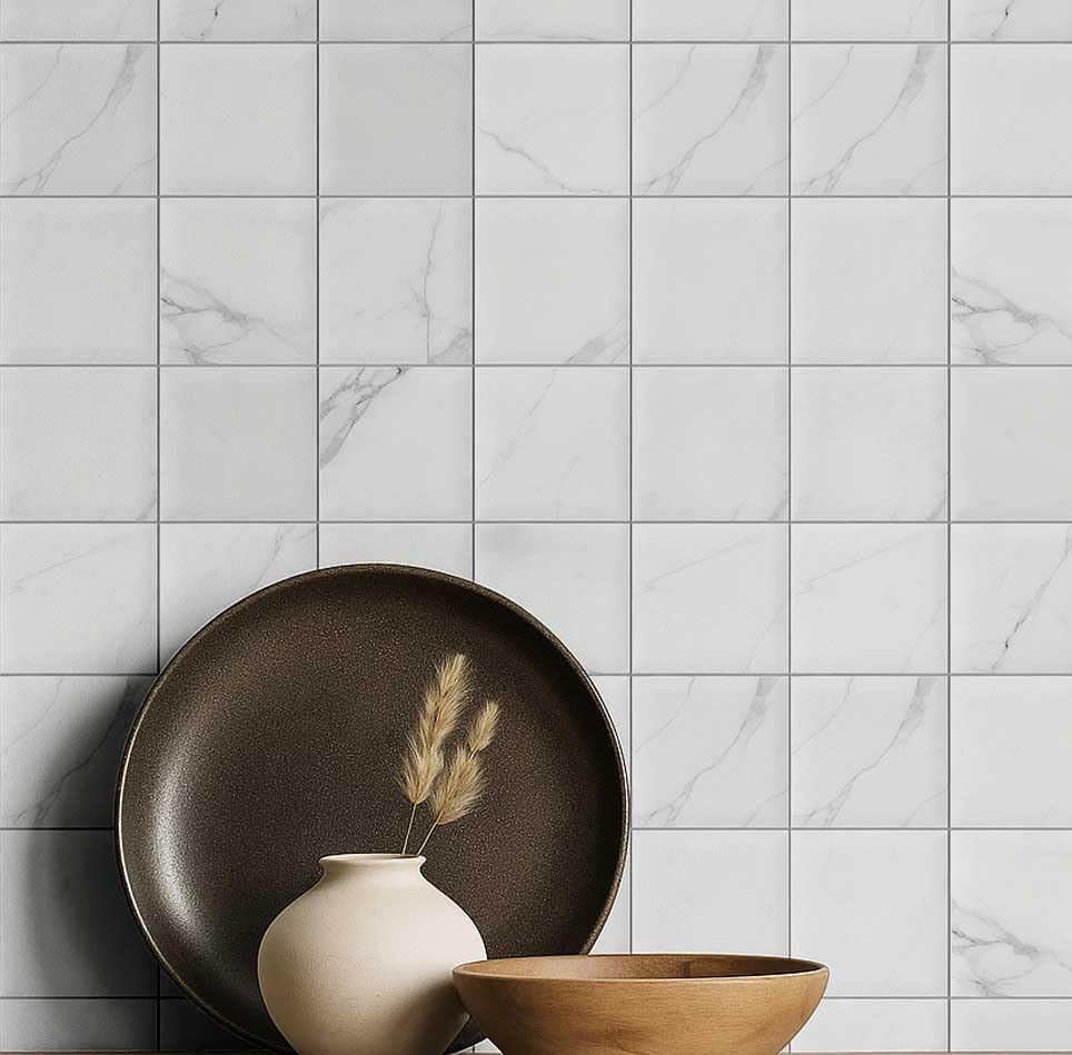Papier peint effet marbre étanche et texturé en mosaïque blanche S4Sassy 25x60