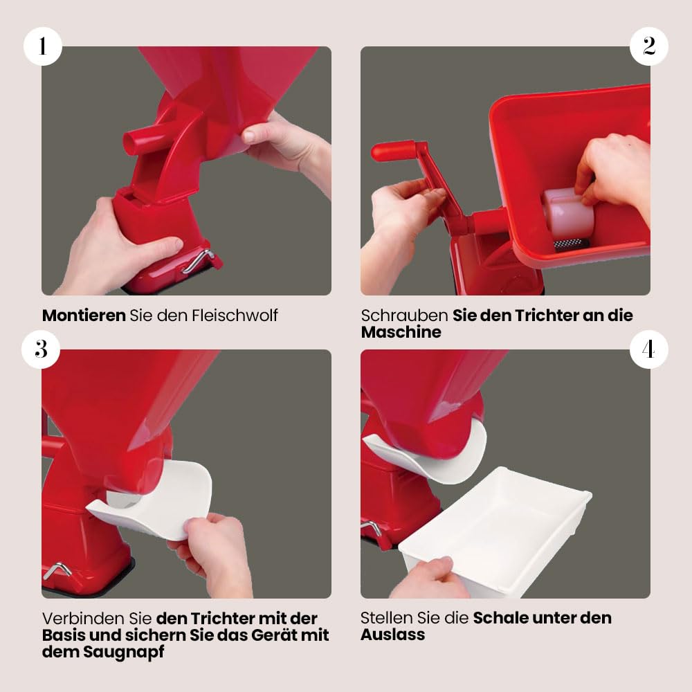 Elma Manueller Tomatenzerkleinerer, Küchensieb und Konservierungstrichter für Tomaten, Tomatenmaschine aus Kunststoff mit rotem Edelstahlfilter, Saugnapfzubeh