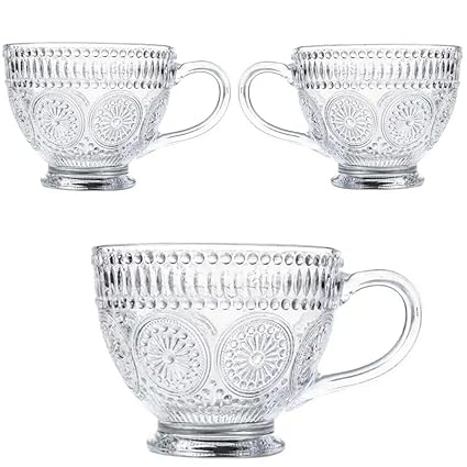 JIYAN Glass Soup Bowal Glass Tea-Coffee Cup 450 ML Set of 3 Glass Soup Mup, Irish Cup, Cappuccino Mug, Big Milk Cup with Handles for Hot Jumbo Green Tea Cup for Mr and Mrs Mug