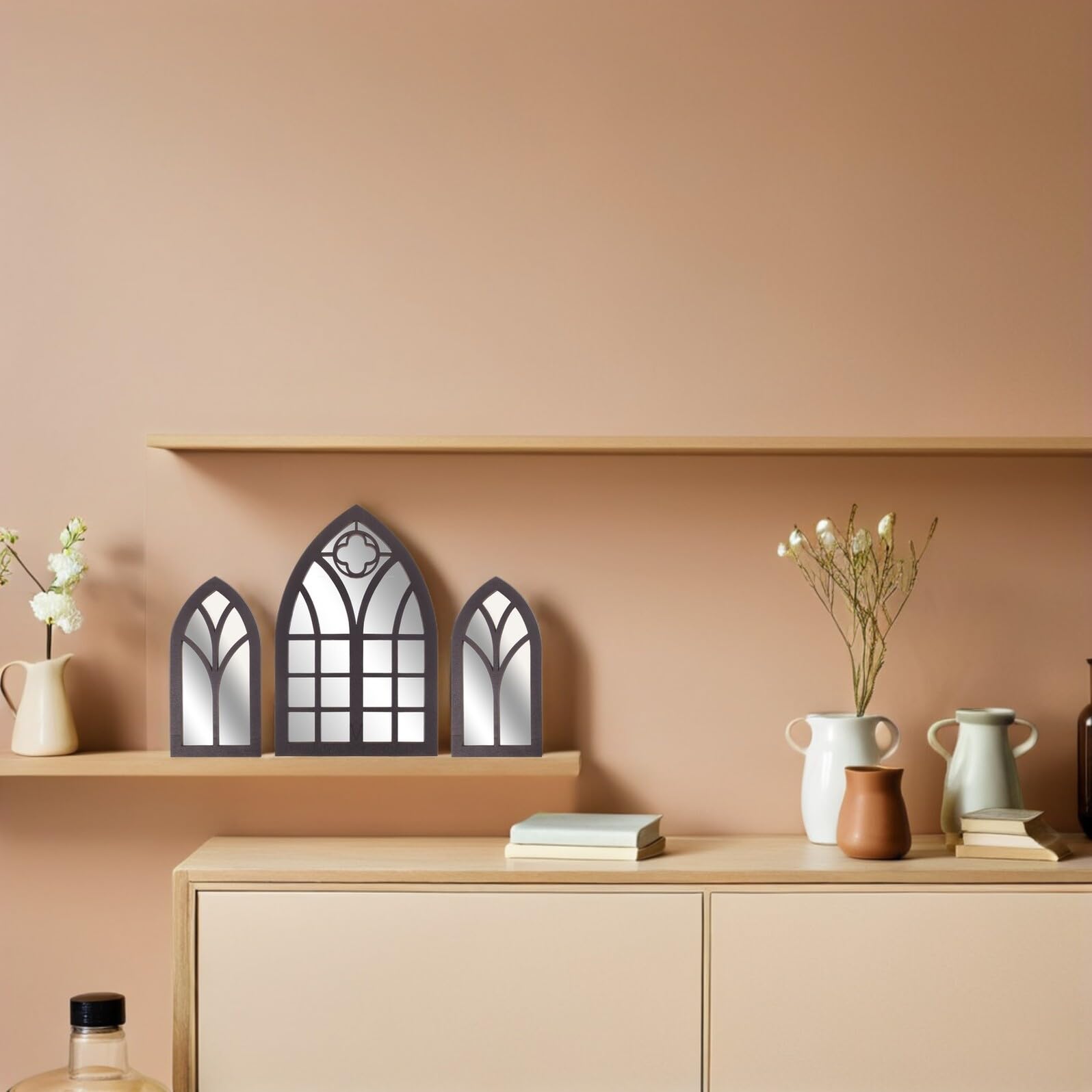Veemoon Lot de 3 Miroirs Muraux en Bois Style Cathédrale 30X15 CM Miroirs Décoratifs D’Arche Vitre Imitation D’Entrée pour Décoration Intérieure et Vestiaire