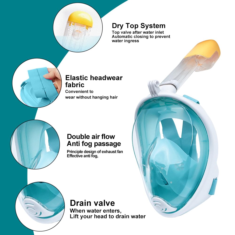 Maschera Snorkeling Bambini, Maschera Subacquea con Visuale Panoramica 180° Design Anti-Appannamento Anti-Infiltrazioni con Supporto di Action Cam per Il Nuoto e Le Immersioni, Verde